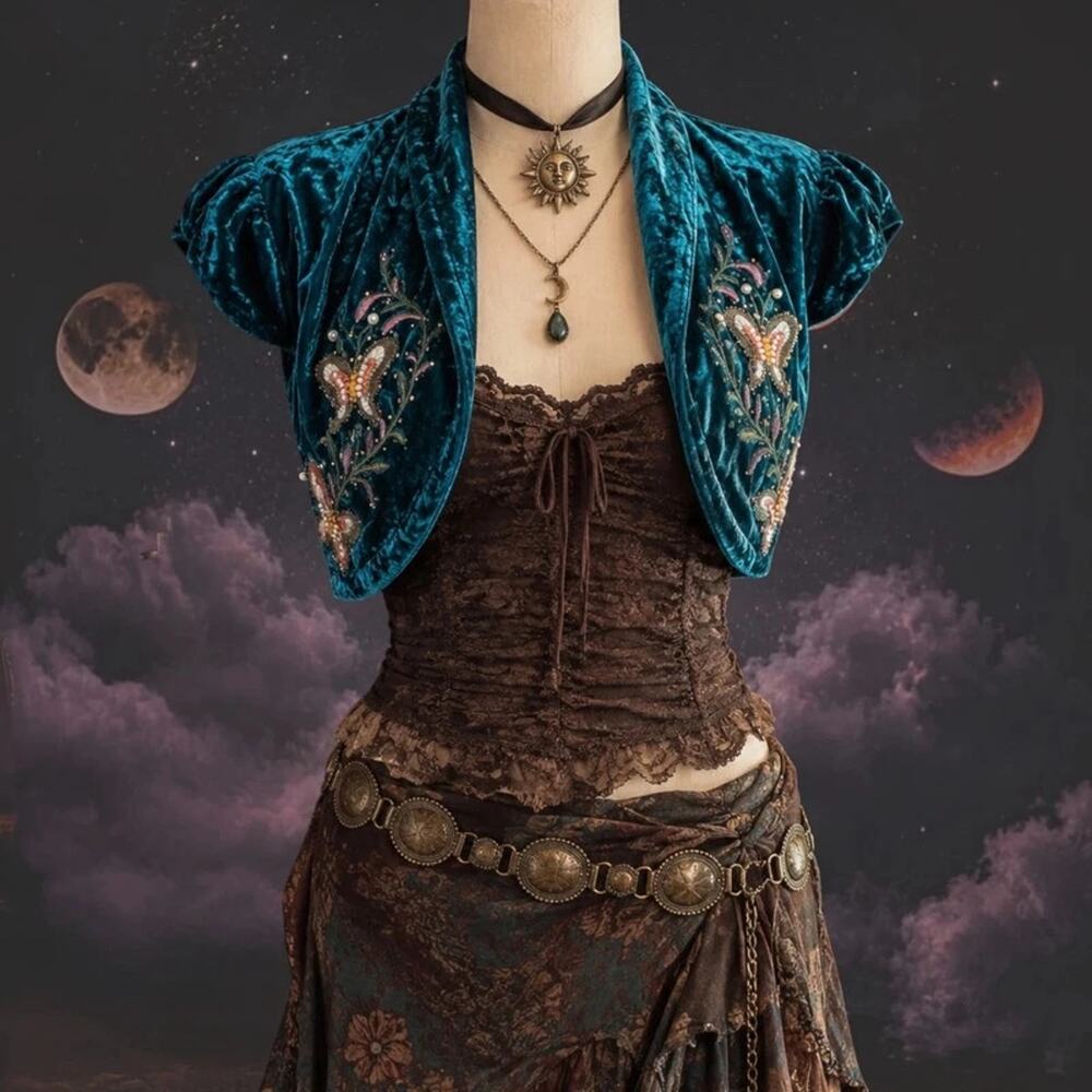 Deadstock Teal Velvet Butterfly Bolero Beaded Pearl Shrug Whimsigoth Y2K M